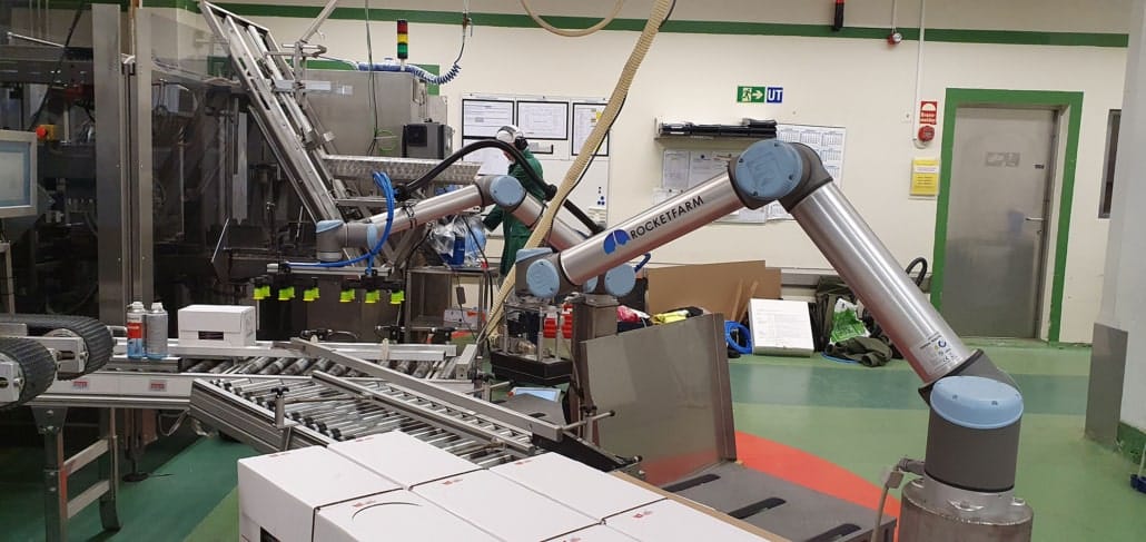 two robots palletizing onto two two pallets
