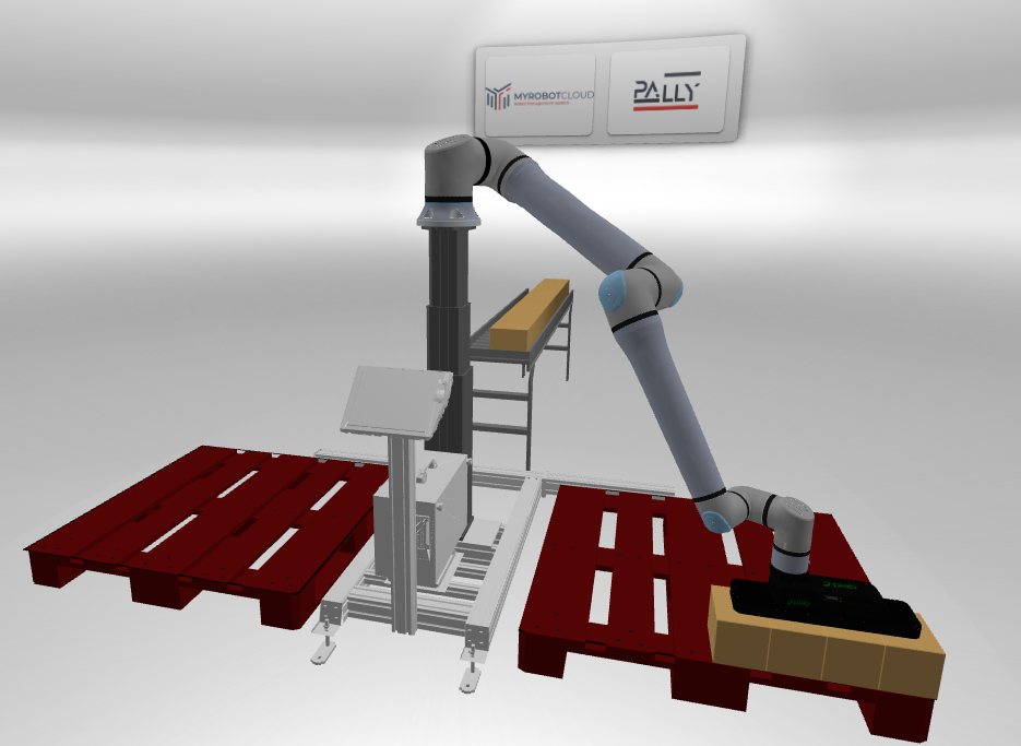 simulation from MyRobot.cloud of ur20 palletizing boxes on to pallets