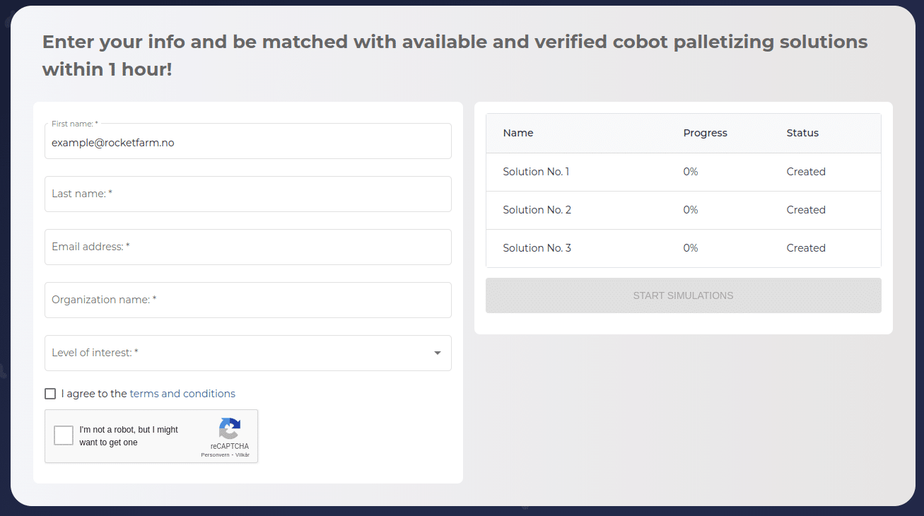 Enter your info and be matched with available and verified palletizing solutions